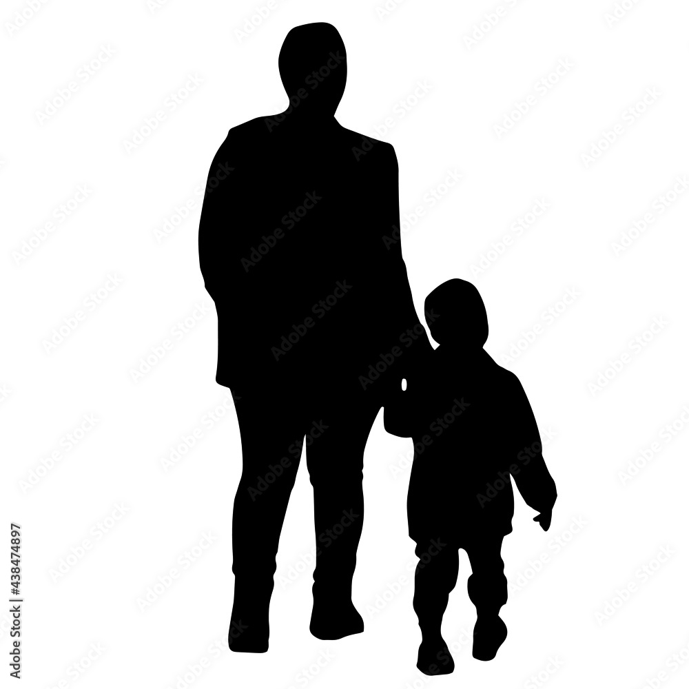 An adult holds a child's hand. Black silhouette, vector illustration, family theme.