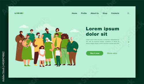 Multinational crowd of people standing together flat vector illustration. Portrait of cartoon diverse young and old men, women and kids. Multicultural society and community concept