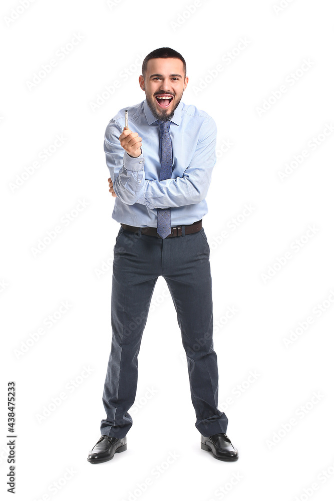 Happy businessman with light bulb on white background Happy businessman with light bulb on white background