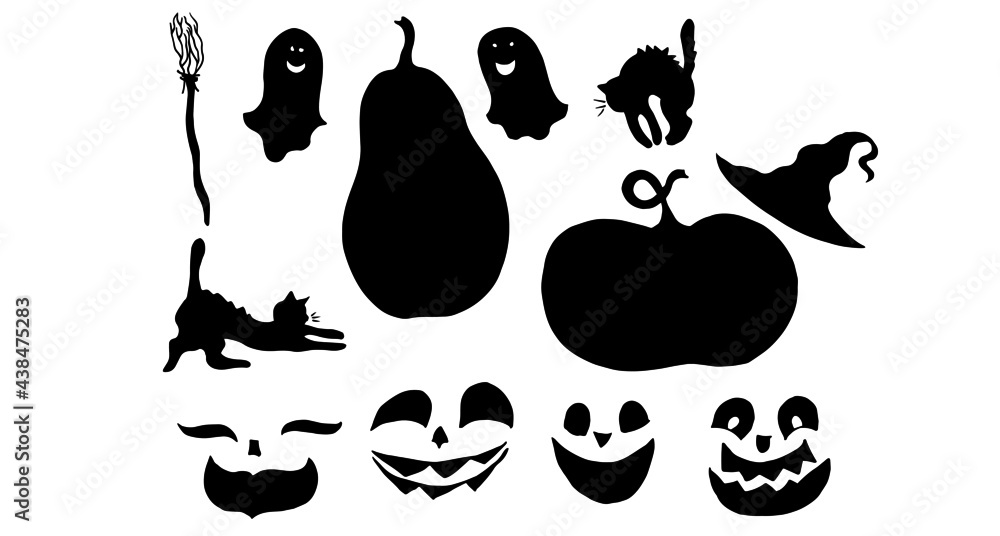 Naklejka premium Pumpkins, ghosts, cats, hat, broom. Halloween attributes. Black silhouette. Vector illustration.