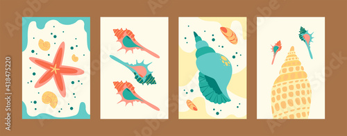 Beautiful seashells collection of contemporary art posters. Sea world illustration set in pastel colors. Cute seashells and starfish on gentle background. Sea life concept for banners, website design