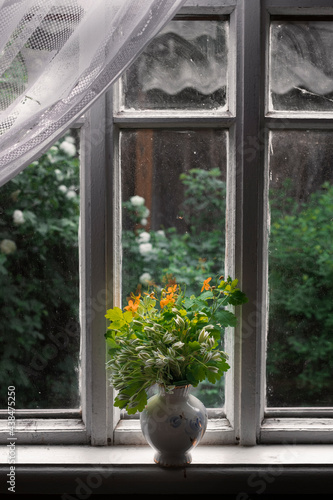 White flowers Poultry and yellow St. John s wort in a vase on a window sill in a village in summer