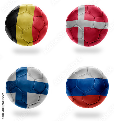 europe group B. football balls with national flags of belgium  denmark  finland russia  soccer teams. 3D illustration