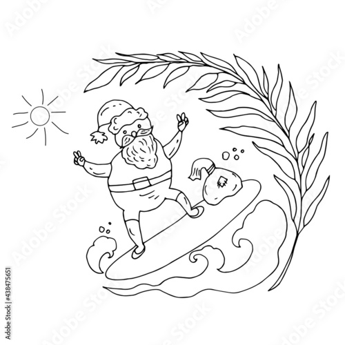 Santa Claus on the surf with a bag of gifts. Tropical Christmas. Line art.