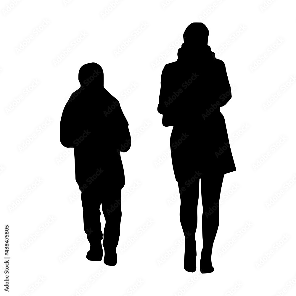 Woman and teenager. Vector illustration. Black silhouette.