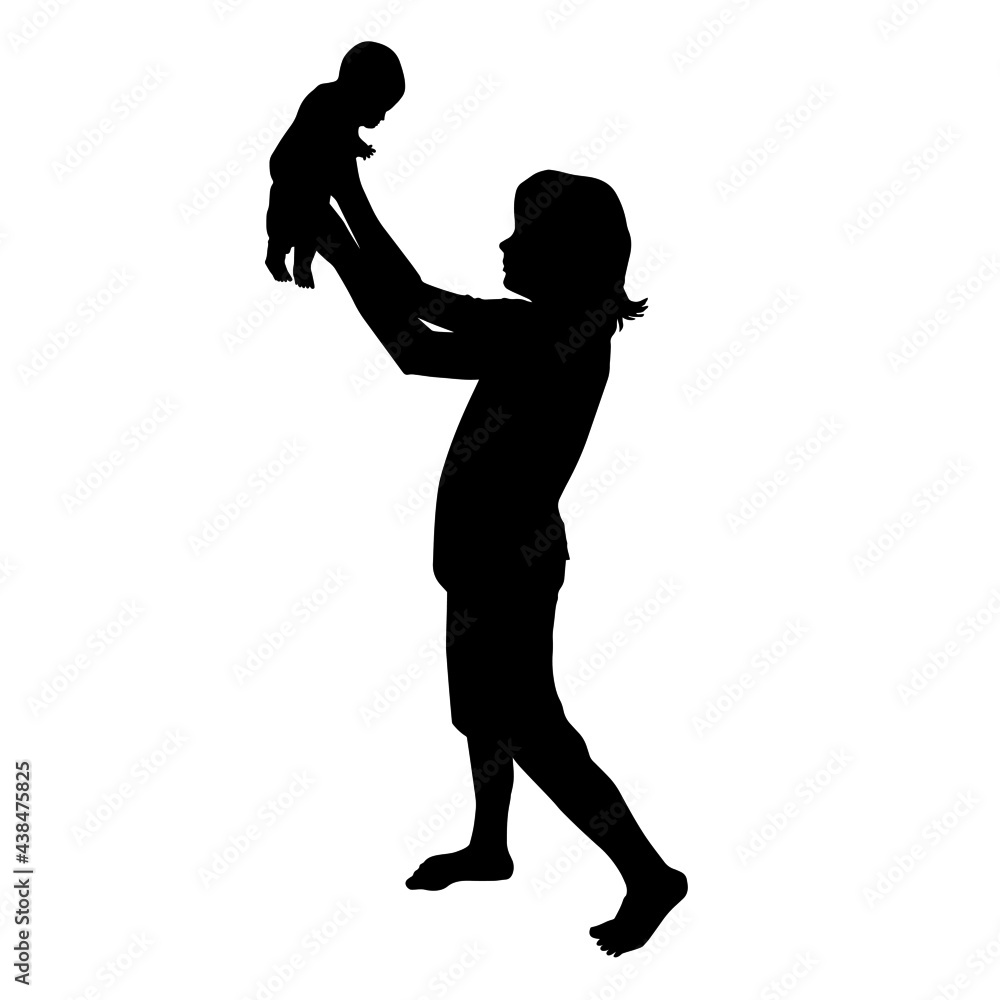 Girl, woman holding a small child in her arms. Black silhouette. Vector illustration. Girl, woman holding a small child in her arms. Black silhouette. Vector illustration.
