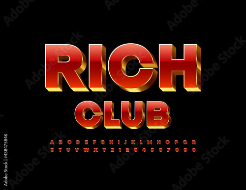 Vector exclusive logo Rich Club. 3D Red and Gold Font. Shiny premium Alphabet Letters and Numbers set