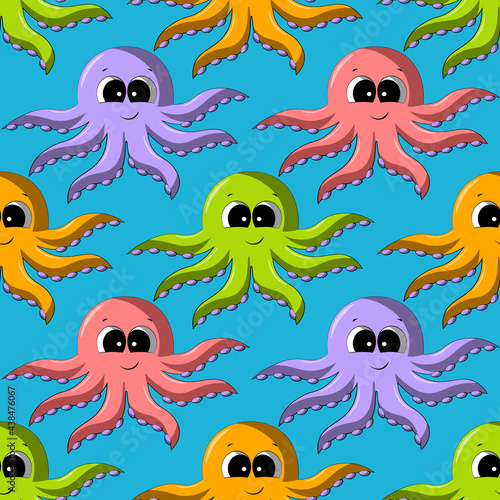 Seamless vector pattern with cute cartoon color octopus