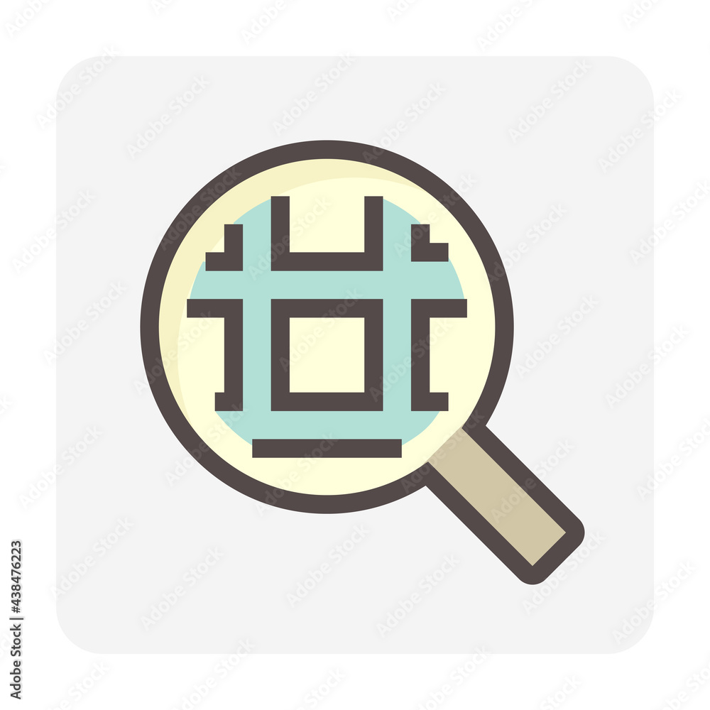 Fototapeta premium Land search, survey or check vector icon. Consist of magnifying glass and land lot on map. Real estate or property for realtor or agent to development, owned, sale, rent, buy or investment. 48x48 px.