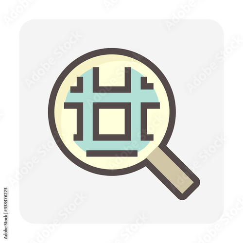 Land search, survey or check vector icon. Consist of magnifying glass and land lot on map. Real estate or property for realtor or agent to development, owned, sale, rent, buy or investment. 48x48 px.