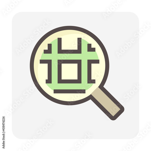 Land search, survey or check vector icon. Consist of magnifying glass and land lot on map. Real estate or property for realtor or agent to development, owned, sale, rent, buy or investment. 48x48 px.
