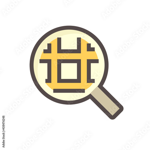 Land search, survey or check vector icon. Consist of magnifying glass and land lot on map. Real estate or property for realtor or agent to development, owned, sale, rent, buy or investment. 48x48 px.