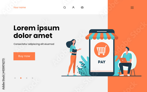 Joyful tiny customers paying in online store. Smartphone, shop, phone flat vector illustration. E-commerce and shopping concept for banner, website design or landing web page