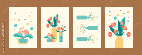 Beautiful spring flowers collection of contemporary art posters. Bright flowers in vases and pots. Postcard invitation design. Flowers and bouquet concept for banners  website design or backgrounds