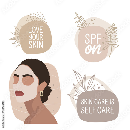 Set of vector illustrations, stickers. Beauty quote on abstract background with leaves, pastel colors. "Love your skin", "spf on", "skin care is self care." Portrait of a girl with a mask on her face.