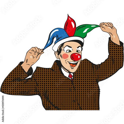 Pop art circus clown, comic joker businessman mask vector © skypicsstudio