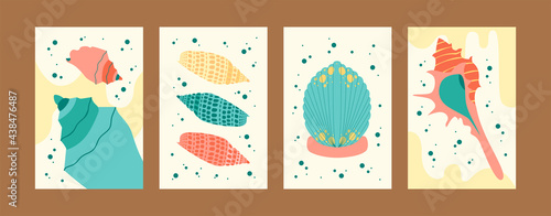 Bright collection of seashell illustrations. Seashore images set in creative style. Cute seashells on gentle background. Sea life concept for banners, website design or landing page
