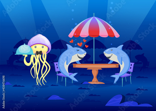 Sea inhabitants in restaurant at bottom of sea. Cartoon vector illustration. Two sharks in love on date, sitting at table, octopus waiter serving them. Animal, ocean, nature, love, food concept
