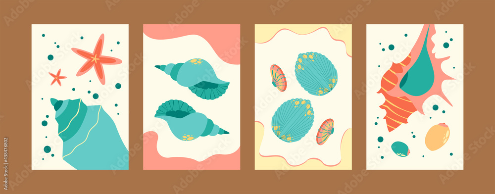 Sea world illustration set in pastel colors. Marine images collection in pastel colors. Cute seashells and starfish on gentle background. Sea life concept for banners, website design or landing page