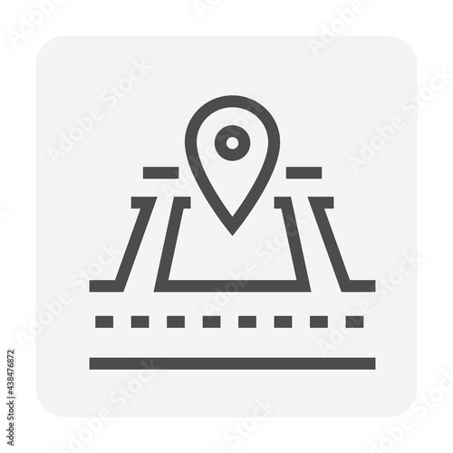 Land and gps pin vector icon. Consist of empty area, position pin point, road and location. Real estate or property for housing subdivision, development, owned, sale, rent, buy or investment. 48x48 px