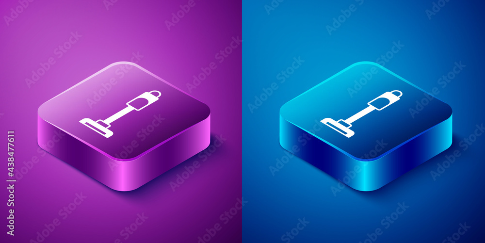 Isometric Vacuum cleaner icon isolated on blue and purple background. Square button. Vector Isometric Vacuum cleaner icon isolated on blue and purple background. Square button. Vector