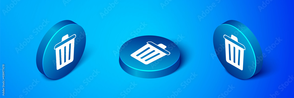 Isometric Trash can icon isolated on blue background. Garbage bin sign. Recycle basket icon. Office trash icon. Blue circle button. Vector Isometric Trash can icon isolated on blue background. Garbage bin sign. Recycle basket icon. Office trash icon. Blue circle button. Vector