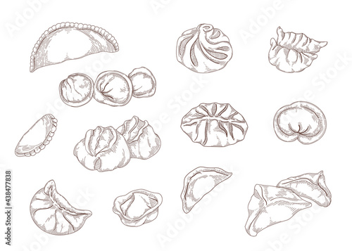 Vintage hand drawings of dumplings of various shapes. Pelmeni, ravioli from dough isolated on white background engraved vector illustrations set. Food, cooking concept photo