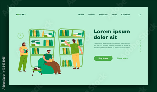 People sitting at bookshelves and reading books in bookstore. Students studying in library. Vector illustration for knowledge, bookworm, literature, education concept