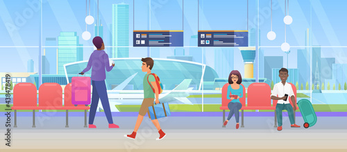 Airport arrival waiting room or international departure lounge with people tourists vector illustration. Cartoon man woman passenger characters wait to fly by plane, sitting in chairs background
