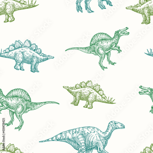 Hand Drawn Dinosaurs Vector Seamless Background Pattern. Spinosaurus, Stegosaurus and Iguanodon Colorful Sketches Card, Wrapping or Cover Template