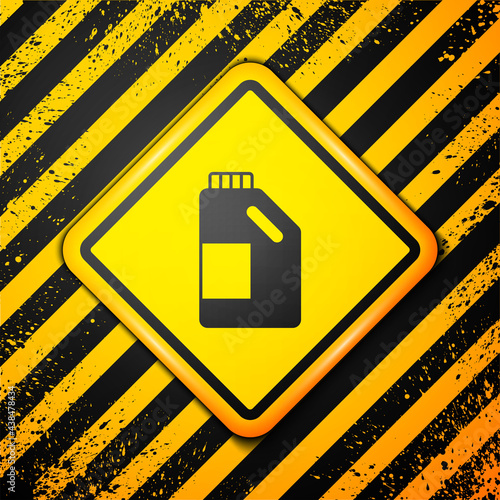 Black Plastic bottle for laundry detergent, bleach, dishwashing liquid or another cleaning agent icon isolated on yellow background. Warning sign. Vector