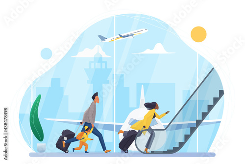 People hurry to board airplane in airport vector illustration. Cartoon family characters with suitcases run to escalator of departure hall terminal, passengers late for boarding isolated on white