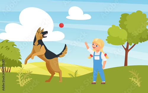 Happy girl playing fun game with dog in playground or summer nature park vector illustration. Cartoon cute kid character training puppy pet outdoor, animal pet friend jumping catching ball background