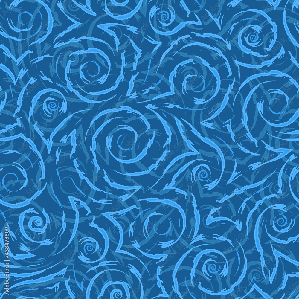 Vector blue geometric seamless pattern of flowing spirals curls and corners.Vector nautical geometric seamless texture of smooth and broken lines.Stylized blue pattern of water flow or waves. Vector blue geometric seamless pattern of flowing spirals curls and corners.Vector nautical geometric seamless texture of smooth and broken lines.Stylized blue pattern of water flow or waves.