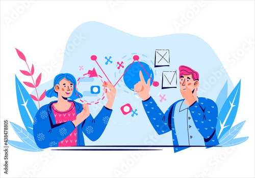 Financial management and business analytics banner with business people at backdrop with diagrams and charts, cartoon vector illustration isolated. Agile and scrum methods of team project work.