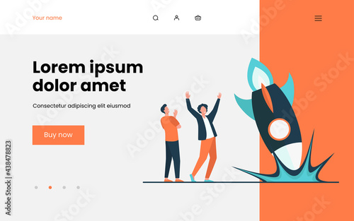 Anxious guys watching as rocket falling down. Accident, explosion, problem flat vector illustration. Failure and bankruptcy concept for banner, website design or landing web page