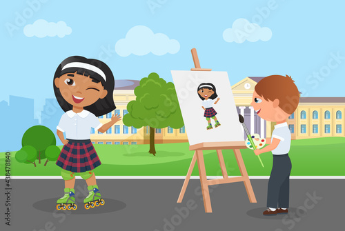 Children friends spend fun time together in park vector illustration. Cartoon young artist character holding paintbrush, palette with paints painting art portrait of girl in school uniform background