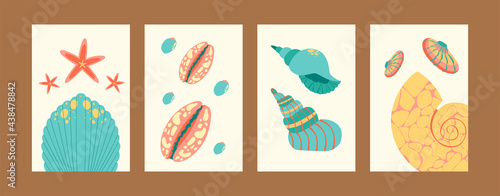 Bright sea world collection of contemporary art posters. Marine illustration set in pastel colors. Cute seashells and starfish on gentle background. Sea life concept for banners, website design