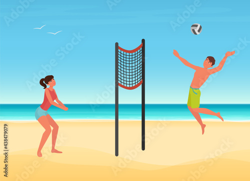 Couple people play volleyball on summer sea beach of tropical island vector illustration. Cartoon young woman man player character playing ball, jumping, summertime sport travel vacation background