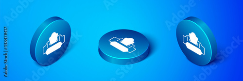 Isometric Wet wipe pack icon isolated on blue background. Blue circle button. Vector