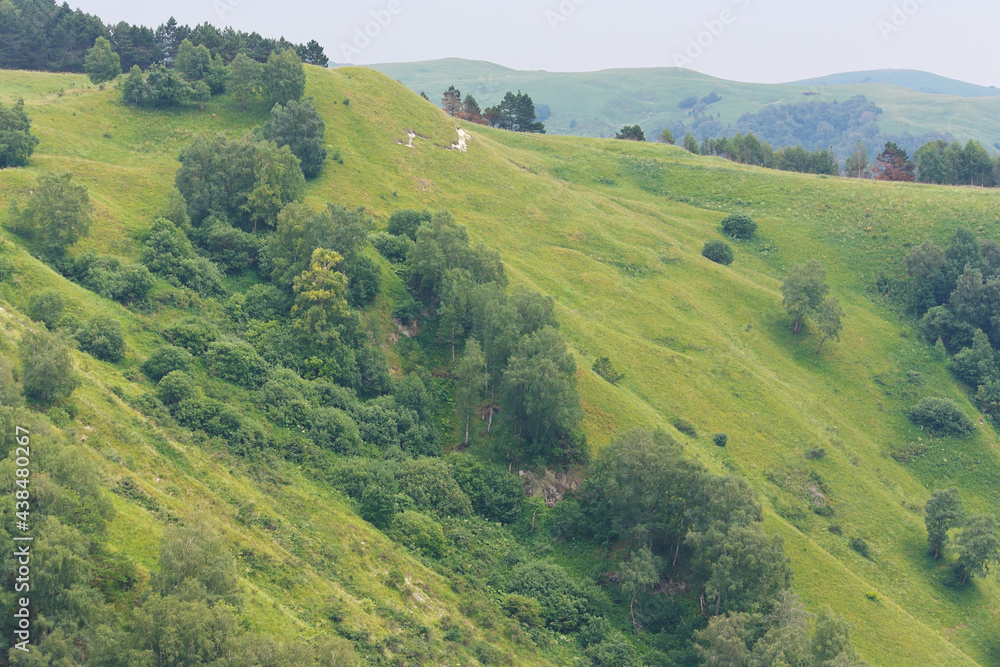 Beautiful landscape with slopes, meadows and forests in foothills of North Caucasus.