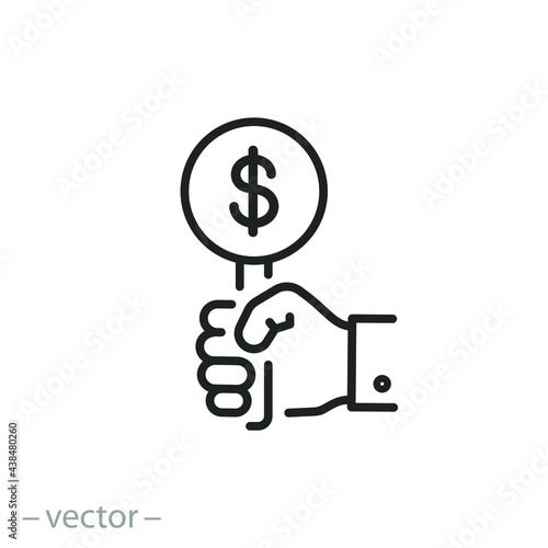bid icon, auction, hand holding offer price, financial suggestion paddle, commercial market, bidding concept, thin line symbol on white background - editable stroke vector illustration eps10