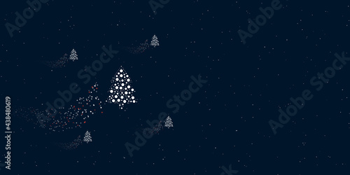 A fir-tree symbol filled with dots flies through the stars leaving a trail behind. Four small symbols around. Empty space for text on the right. Vector illustration on dark blue background with stars
