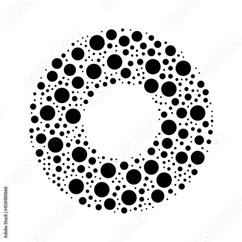 A large record media symbol in the center made in pointillism style. The center symbol is filled with black circles of various sizes. Vector illustration on white background
