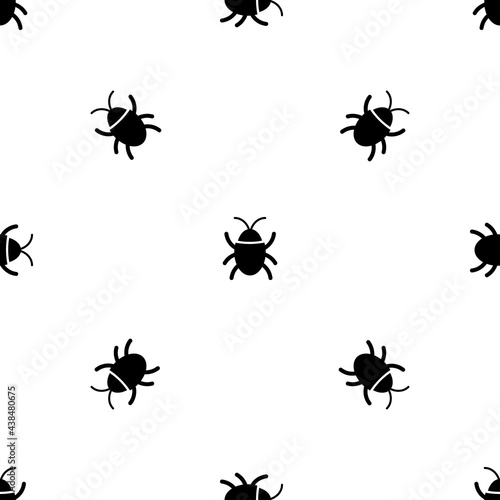Seamless pattern of repeated black bug symbols. Elements are evenly spaced and some are rotated. Vector illustration on white background