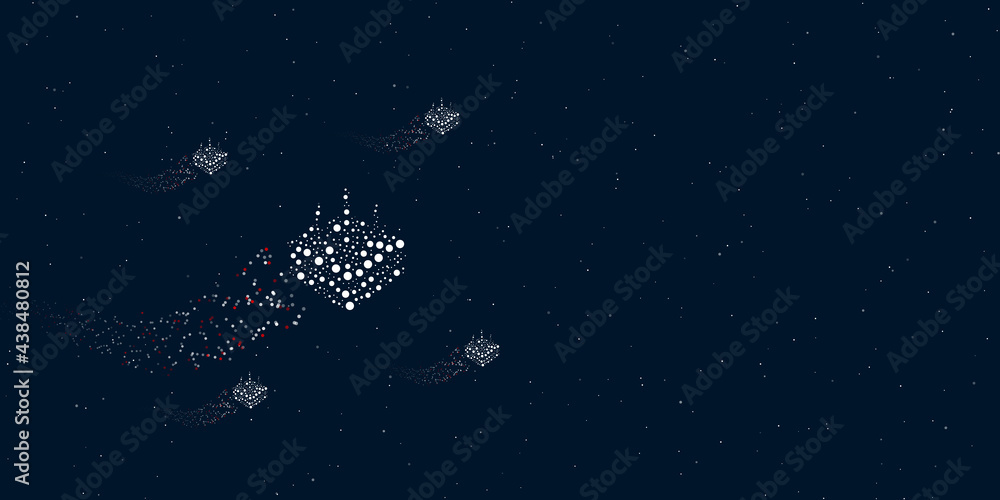 A absorbent symbol filled with dots flies through the stars leaving a trail behind. Four small symbols around. Empty space for text on the right. Vector illustration on dark blue background with stars