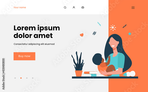 Happy woman holding baby and smiling. Kid, child, infant flat vector illustration. Nursery and childhood concept for banner, website design or landing web page