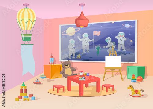 Playroom interior with colorful toys and furniture. Cartoon vector illustration. Cute nursery with space poster, air balloon, drawing easel, toys. Childhood, interior design, nursery, toys concept