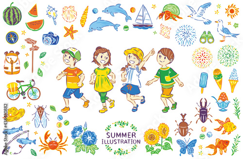 夏休みの子供たち　夏のイラスト素材セット