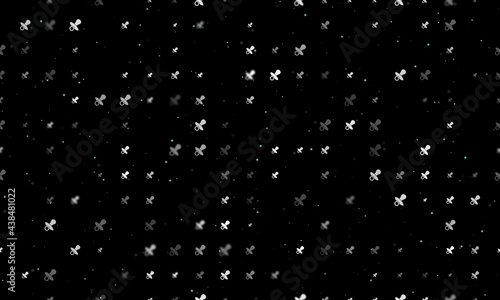 Seamless background pattern of evenly spaced white nipple symbols of different sizes and opacity. Vector illustration on black background with stars